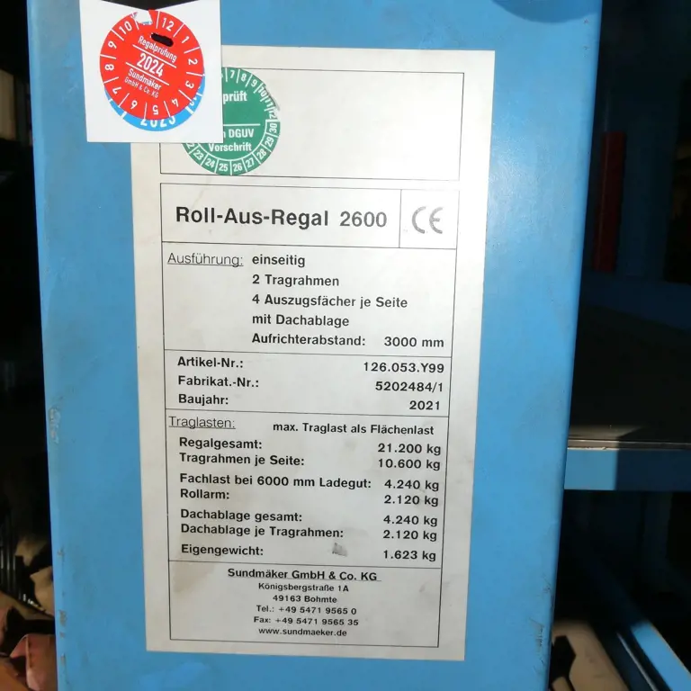 Long goods heavy duty shelving Sundmäker Roll-Aus-Regal 2600
