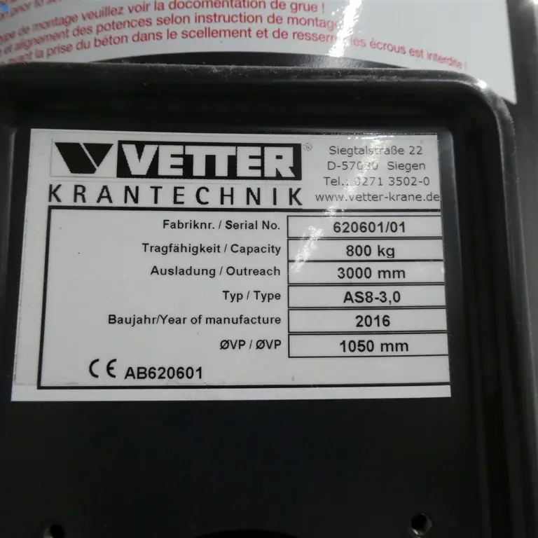 Grue pivotante sur colonne Vetter AS8-3.0