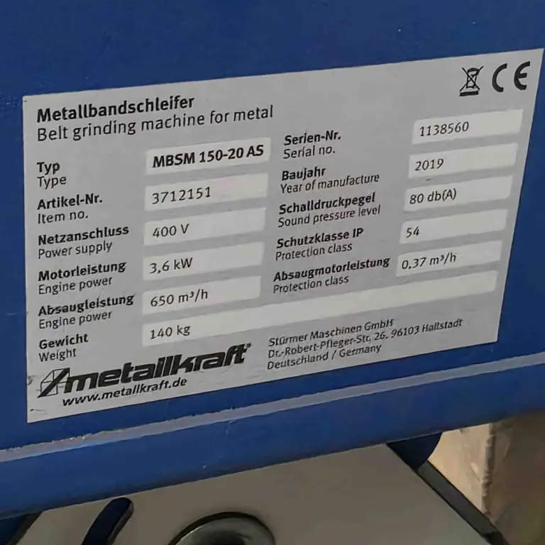 Horizontal belt sander Metallkraft MBSM 150-20 AS