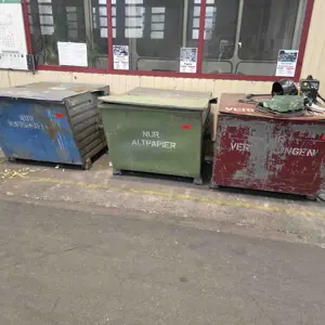 3 Metal skips (household waste, waste paper, packaging)