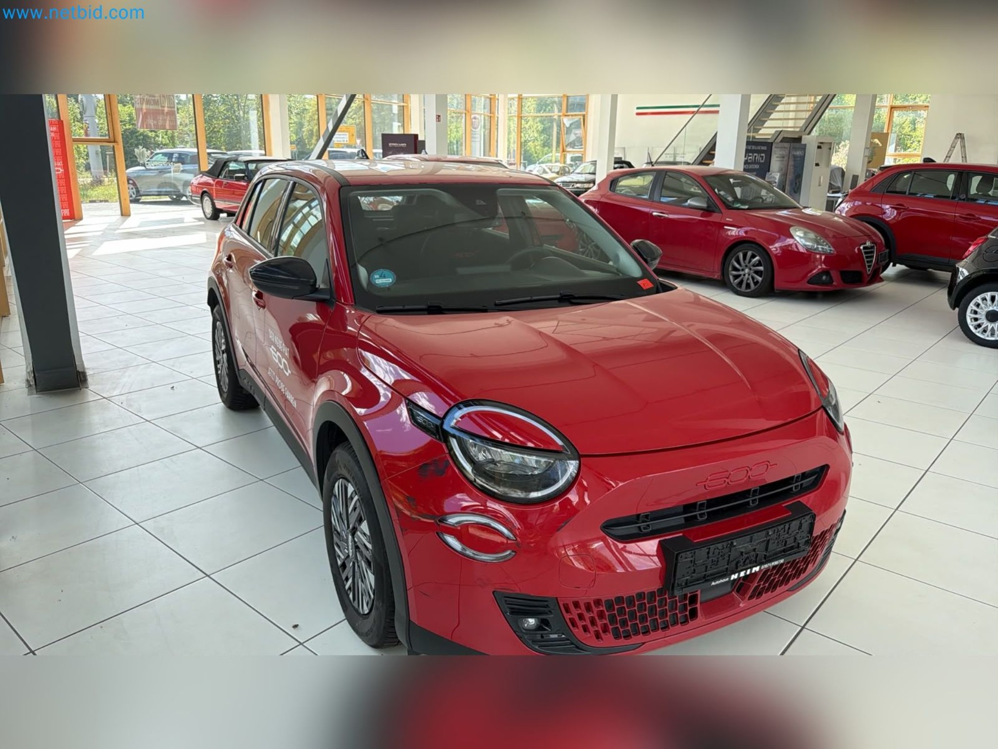 Passenger cars, electric cars, and automotive repair shop equipment at a Fiat dealership-1