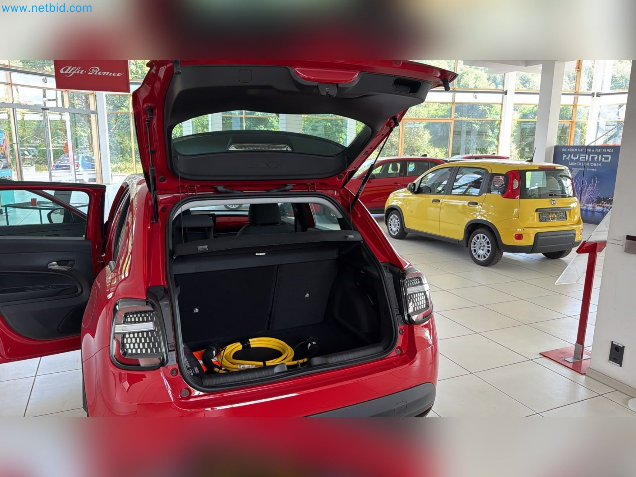 Passenger cars, electric cars, and automotive repair shop equipment at a Fiat dealership-3
