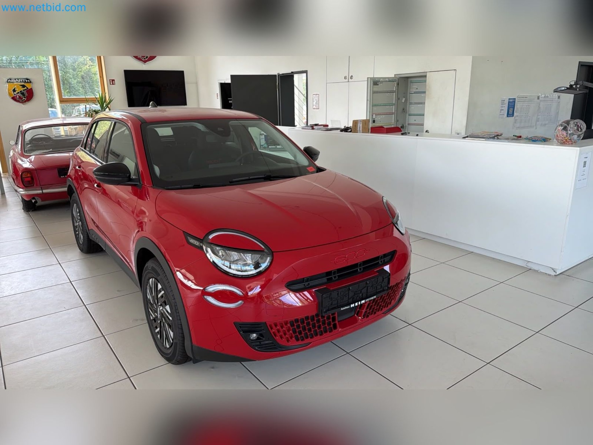 Passenger cars, electric cars, and automotive repair shop equipment at a Fiat dealership-8