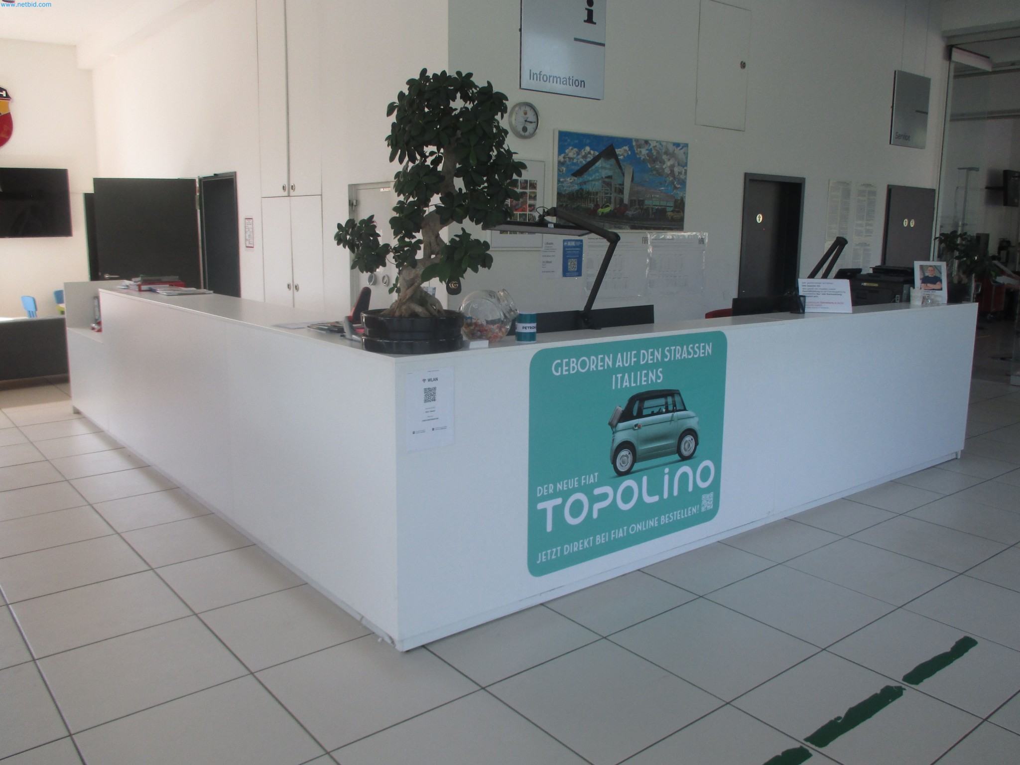 Passenger cars, electric cars, and automotive repair shop equipment at a Fiat dealership-1