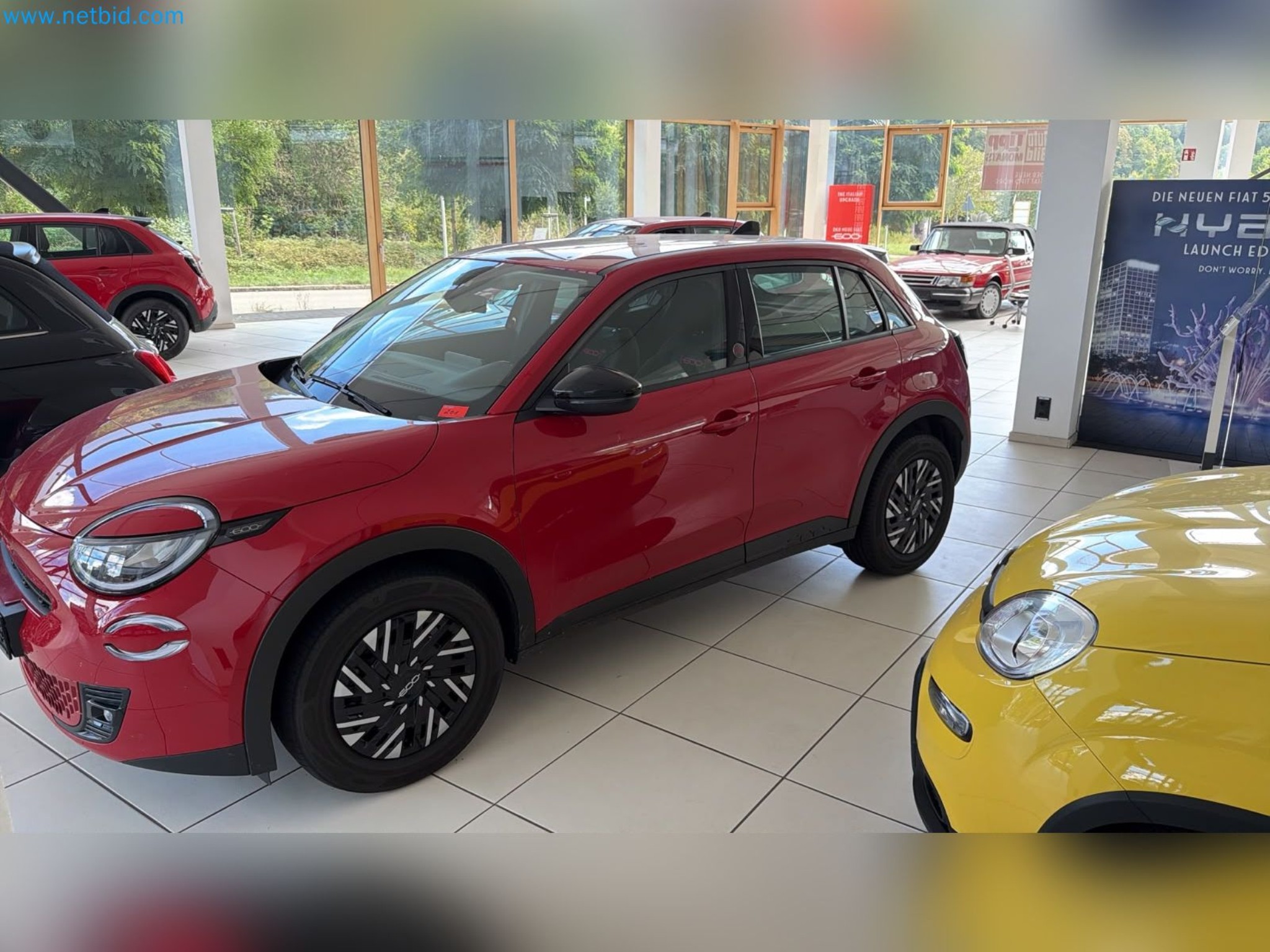 Passenger cars, electric cars, and automotive repair shop equipment at a Fiat dealership-2
