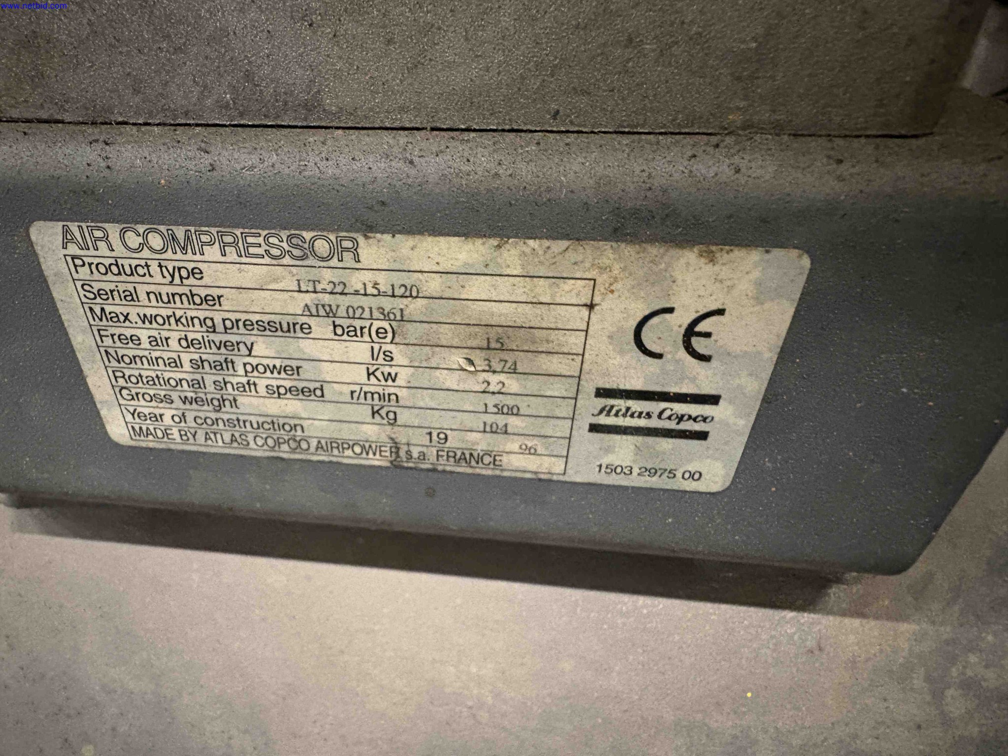 Receiver mounted air compressor Atlas Copco LT-22-15-120 – foto 6 – kavel bij NetBid, Roterijstraat 205-8793 Waregem