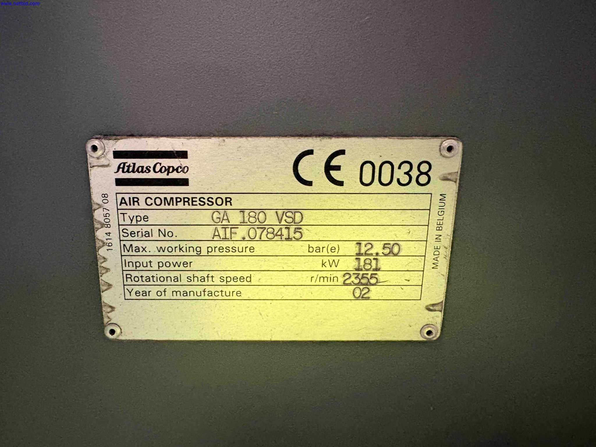 Industrial Air Compressor Atlas Copco GA 180 VSD – foto 6 – kavel bij NetBid, Roterijstraat 205-8793 Waregem