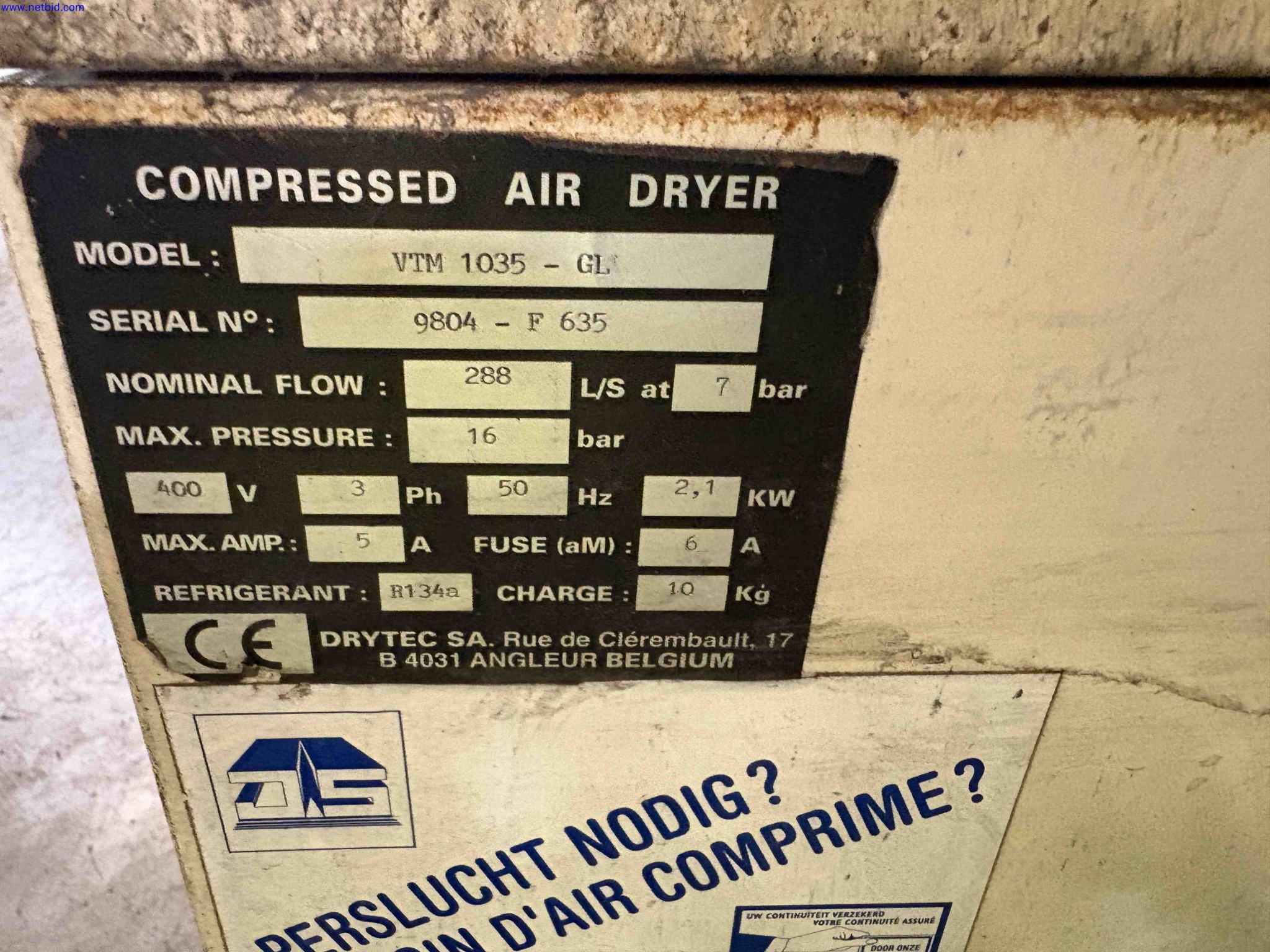 Compressed air dryer and air receiver package Drytec VTM 1035-GL Super Dryer – foto 11 – kavel bij NetBid, Roterijstraat 205-8793 Waregem