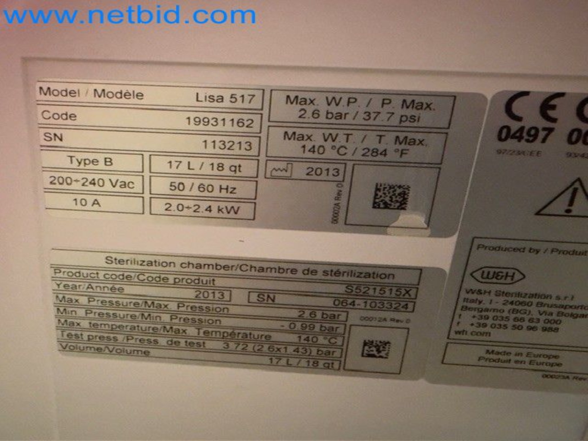 Fully automatic class B sterilizer (autoclave) W&H Lisa 517-4
