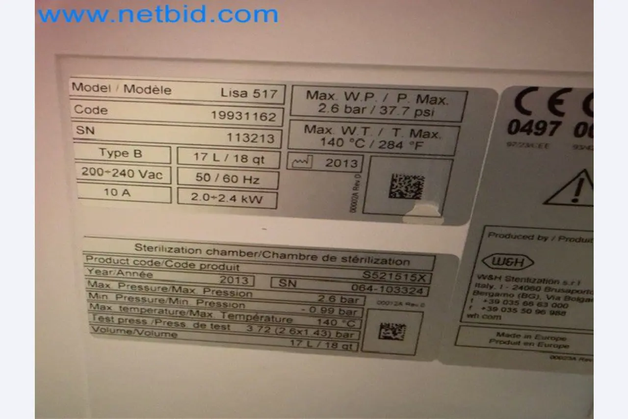 Fully automatic class B sterilizer (autoclave) W&H Lisa 517-4