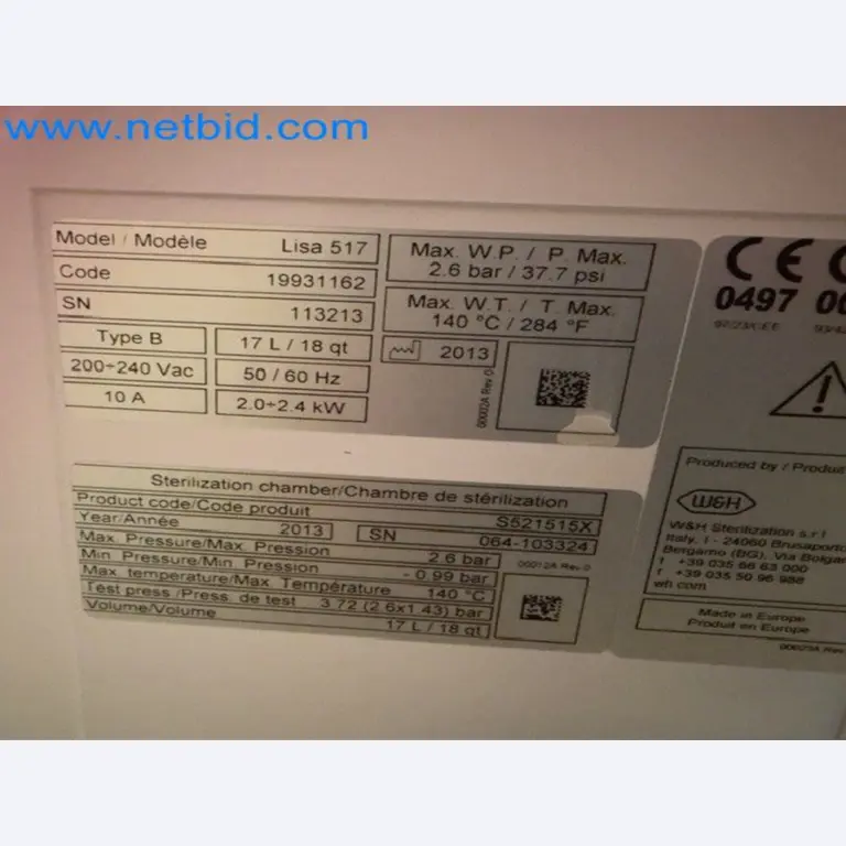 Fully automatic class B sterilizer (autoclave) W&H Lisa 517-4